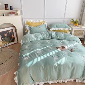 Bộ ga gối vỏ chăn lụa thái thêu hoa viền bèo 4 món