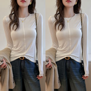 MiiOW | Áo thun dài tay màu trắng cổ tròn rộng rãi MiiOW Áo thun thường ngày thoải mái thoáng khí cho nữ mùa thu