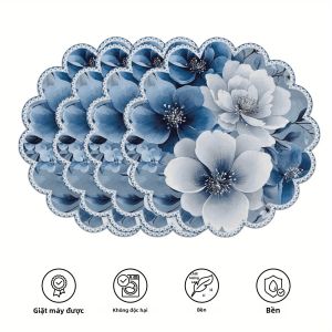 VIKAMA 4PC Màu Xanh Và Trắng Ren Hoa Placemats Hình Trái Tim Trang Trí Bàn Ăn Tươi Mới Chuyển Màu Chủ Đề Hoa Dễ Dàng Chăm Sóc Chống Mài Mòn