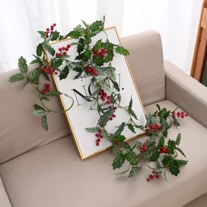 YESPERY 2M Artificial Holly Leaf Vine and Red Berries Christmas Rattan DIY Garland Wreath Xmas Tree Hanging Ornaments Home Decoration