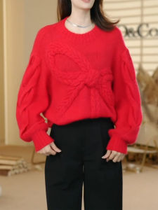 QINGNAER | Oversized Red Bow Embroidered Round Neck Knit Sweater
