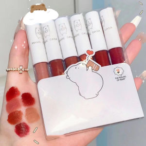 Love Heart Bear 6 In 1 Set Matte Lip Long-Lasting Color Glaze Protection Love Bear Lip Glaze Non Fading Lipstick Have Waterproof Moisturizing Lipstick Non-Stick Cup