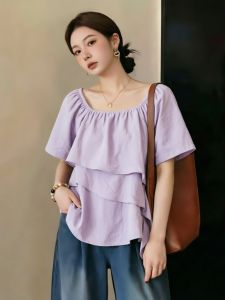 AIYITI | French Style Purple Collared Loose Short Sleeve Chiffon Blouse