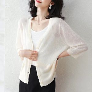 Ice Silk Knitted Cardigan Womens Thin Half Sleeve Short Coat Loose Outer Matching Skirt Sun Protection Shirt for Air Conditioned Rooms Summer