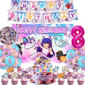 Takara Tomy | Aphmau Birthday Decorations Pink Video Game Party Favors Stickers Poster Balloon Backdrop Banner Cake Decoration Baby Showe Gift