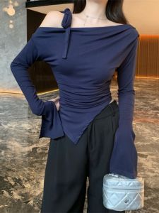 GUZILIAN | Korean Style Early Autumn Gentle Tie Side Long Sleeve Base Shirt Women Pure Color Fashion Asymmetrical Slim T-Shirt Top