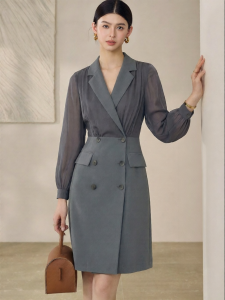 Roey s house | Elegant Color-block Lantern Sleeve Waist-cinching Office Lady Dress for Autumn