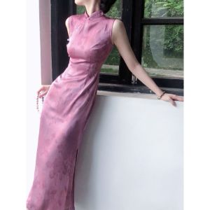 Váy Dài Không Tay Cổ Truyền Thêu Hoa Satin Mềm Mại Cho Nữ Mùa Xuân Thu Phong Cách Ngọt Ngào Váy Dài Cạp Cao