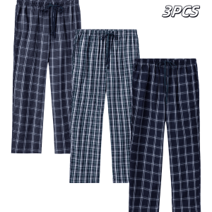 3pcs Mens Pajama Bottoms Autumn Cotton Thin Plaid Sleep & Lounge Pants with Pockets and Elastic Waistband