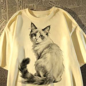 PAZHAOLANG | Oversized Loose Cat Print T-Shirt