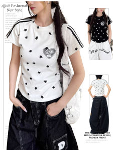 Áo Thun Tay Ngắn Ôm Vừa Vặn DUSK Mùa Hè Cổ Tròn in Toàn Bộ Họa Tiết Ngôi Sao Phong Cách Mỹ Cổ Điển Y2K Thời Trang