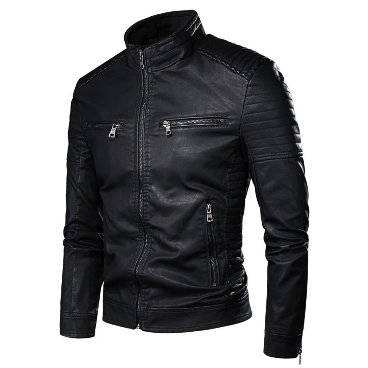 FUGUINIAO Man's Leather Jacket Mens Stand Collar Coats Leather - Main Image