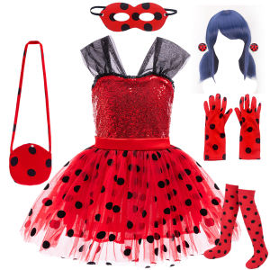 Children Ladybug Cosplay Costume Kid Marinette Halloween Outfit Christmas Fancy Party For Girl Red Dot Dress Suits Birthday Gift
