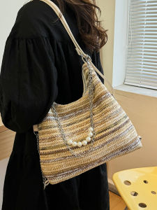 New Autumn Winter Large Capacity Beach Stripe Woven Fashion Chain Bead Single Shoulder Armpit Bag Double Shoulder Tote Bag