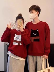plus Size 300 Pounds Couples Matching round Neck Fleece Lined Hoodie Red for Spring Autumn Winter Casual American Style Youth Pop