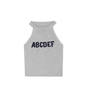 YUEZHONGWEI | Áo len dệt kim không tay màu xám ôm vừa vặn kiểu Pháp dành cho nữ mùa hè Áo khoác ngoài thời trang ngắn in chữ cổ tròn