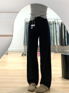 ขยายขนาดสูง เอว หลวม Fit ขาตรง สีดำ เดนิม กางเกง ผู้หญิง ขากว้างเรียว กางเกง สไตล์เกาหลี ลำลอง กางเกงยีนส์