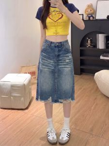 AIYITI | Vintage Blue Ripped Denim Skirt