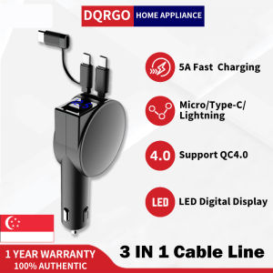 DQRGO [SG Stock] 3 In 1 Car Charger Telescopic Fast Charge Cable Adapter Plug for Car Truck 60W QC4.0 Quick Charge Type C / IP/ Micro USB Cable Compatible for iPhone 13 X XR Huawei Samsung Oppo Vivo