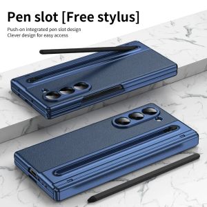 Leather with Steel Film Pen Slot Pen Phone Case for Samsung Galaxy Z Fold 7 6 5 4 Fold7 Fold6 Hinge Protection Shockproof Cover