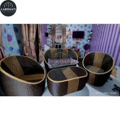 Set Kursi Tamu Rotan Sintetis Model Gentong Free Jok Duduk - Sofa Kursi Meja Kecil - Warna Putih dan Krem - Cocok untuk Ruang Tamu Modern