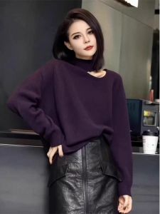 Áo Len Dệt Kim Dài Tay Màu Tím Hở Vai Thời Trang Nữ Dáng Rộng Thoải Mái Cổ Tròn Dài Thường Ngày Mùa Thu Đông