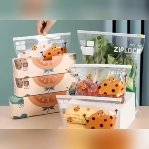KW SHOP Ziplock bags with cartoon designs for storing vegetables and grains. Transparent resealable labeled reusable and food-safe. Ideal for kitchen organization and meal prep.
