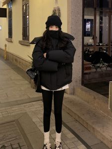 Black Duck down Puffer Jacket Womens Loose Fit Thickened Winter Coat Korean Style Commute Pure Color Hooded Zipper Closure