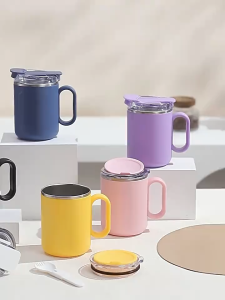 Coffee cup with stirring spoon high-quality office cup with handle and lid 304 stainless steel coffee cup