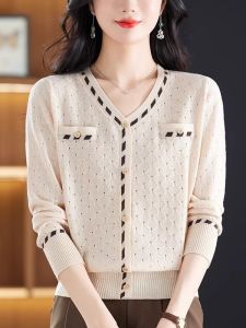 Spring Autumn Thin Hollow out Cotton Thread Knitted Top Women V Neck Overhead Loose Base Layer Shirt Fashionable Casual