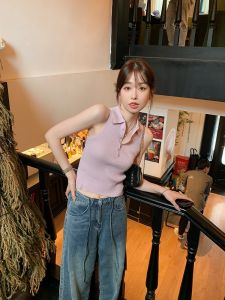 Chic French Style Summer Polo Shirt for Women Special Design Sleeveless Knitted Top High End Feel Without Button