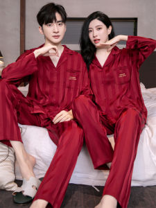 ชุดนอนผ้าไหมน้ำแข็งคู่รักแขนยาวฤดูใบไม้ผลิและฤดูใบไม้ร่วงสำหรับผู้ชายและผู้หญิง ชุดนอนฤดูใบไม้ร่วง สีแดง เสื้อผ้าใส่ในบ้าน