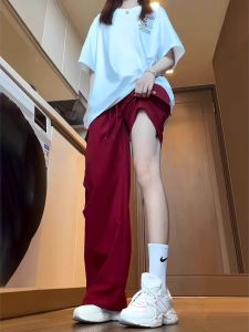 กางเกงทำงานสีแดงสไตล์อเมริกันสำหรับผู้หญิง กางเกงขายาวทรงหลวมสบายๆ สำหรับกลางแจ้ง กางเกงคาร์ดิแกนแบบลำลองสำหรับฤดูใบไม้ผลิและฤดูใบไม้ร่วง