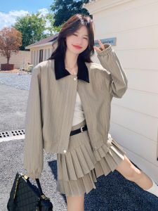 Gray Card Color Fashion Striped Workwear Style Set Short Half Skirt Two Piece Set Womens Jacket Pleated Skirt Autumn New Arrival