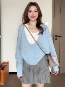 plus Size Womens V-Neck Knitted Sweater Strap Vest Mini Skirt Three-Piece Set Fashionable Autumn Wear for plus Size Ladies