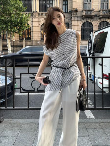 YUFUQING | Áo thun kẻ caro kiểu Pháp ôm vừa vặn mùa hè mới cao cấp rộng rãi thắt eo thon gọn không tay cổ tròn quần dài thường ngày