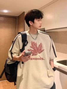 Retro American Hong Kong Style Mens T-shirt 100% Pure Cotton Short Sleeve Loose Fit Summer Versatile Half Sleeve Trendy