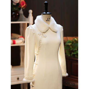 White Thickened Long Sleeve Cheongsam Wedding Dress for Women Autumn Winter Marriage Ceremony Daily Wear New Chinese Style