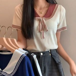 เสื้อไหมพรมแขนสั้น สไตล์วิทยาลัย เสื้อยืดโปโล ผ้านิ่มใส่สบาย ราคาบริบท LUNE A502#