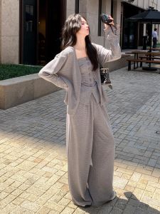 La Chapelle Korean Style Loose Feel Lazy Girl Set Womens Grey Open Cardigan Tube Top Wide Leg Pants Three Piece Set