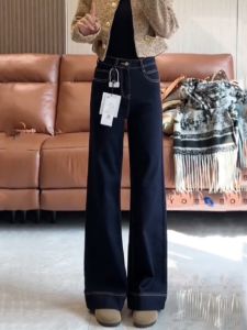 High Waist Wide Leg Denim Jeans Womens Fleece Lined Floor Length Elastic Slimming Blue Jeans Trendy Womens plus Size Pants