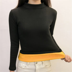 Áo Thun Dài Tay Dày Lót Lông Cừu Cổ Cao Ôm Vừa Vặn Giữ Nhiệt Mùa Đông Cho Nữ Áo Thun Cotton Pha Polyester Thường Ngày