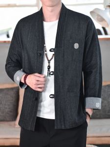 Embroidered Denim Chinese Style Jacket Mens Trendy Loose Fit Casual Cotton Blend Autumn Outerwear Button Decorated Tang Costume
