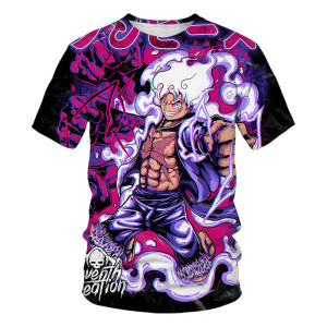 Bandai | Kids One Piece Gear 5 Nika Luffy 3D Full Print T-shirt Boys Girls Purple Lightning Anime Casual Oversized Children