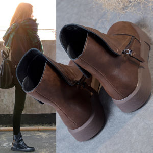 British Style Womens Martin Boots Genuine Leather Flat Bottom Anti-slip Warm Lined Versatile Mid-calf Boots for All Seasons