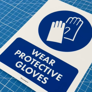 Wear Protective Gloves. Gunakan Sarung Tangan Perlindungan. Sticker Safety Sign Hand Glove Protection Required PPE Label