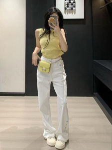 New 2025 Womens Soft Embroidered Thin Wide Leg Jeans Cool Style High Waist Straight Cut Casual Cotton Denim Trousers