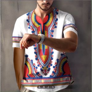 2025 Retro Men's T-Shirt: Bohemian Style Small V-Neck Design Same Top for Men and Women