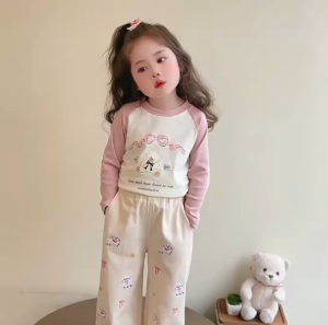 กางเกงเด็กผู้หญิงสีชมพู ลายแกะน้อยน่ารัก เอวยางยืด ใส่สบาย ขอบลายสก็อตเพิ่มความเก๋เพิ่มความเก๋ ลุคไหนก็เท่