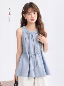 Sweet Elegant Ruffle Collar Splice Hanging Neck Strap Vest Summer Anti-Aging Slimming Korean Style Shoulder Exposure Small Shirt Women